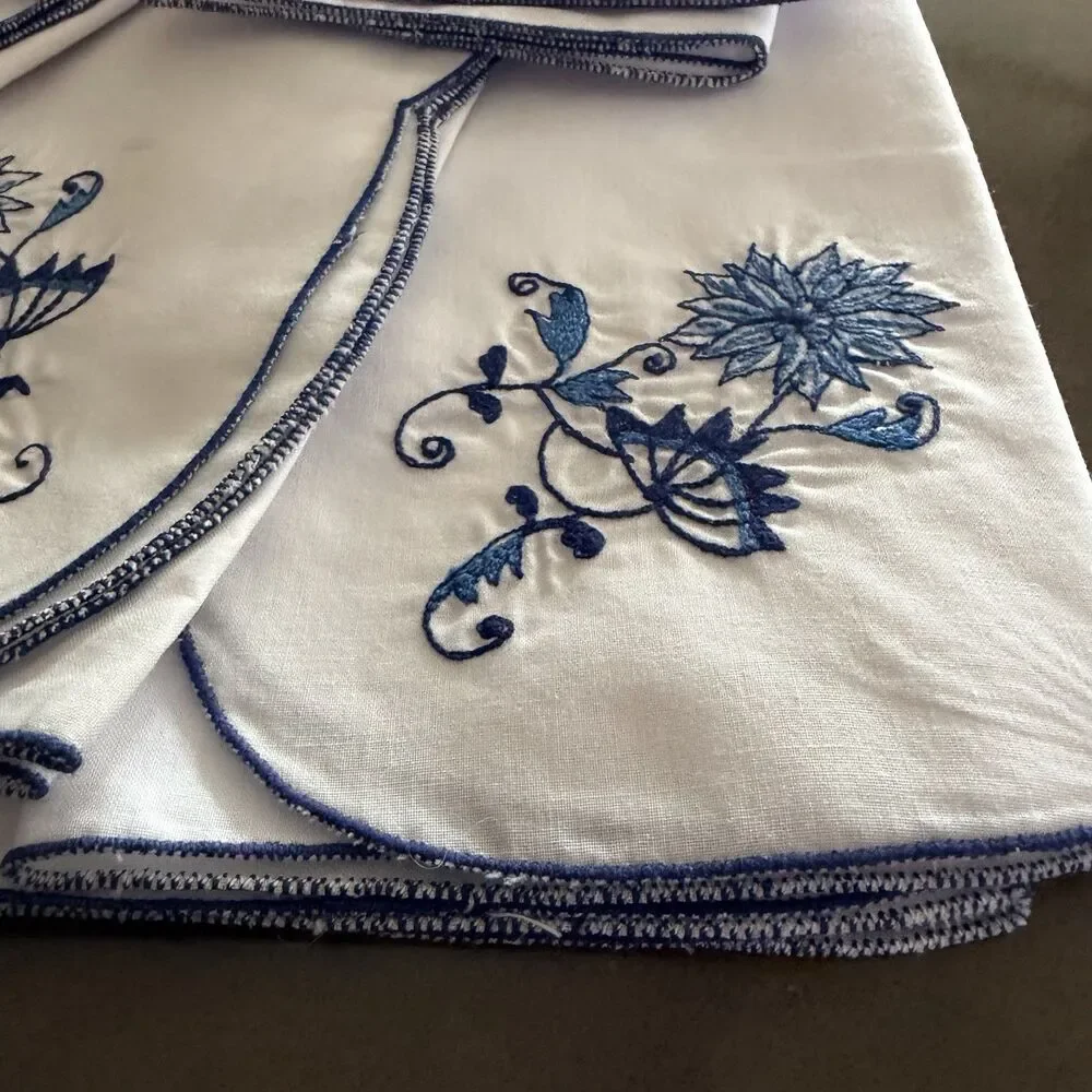 Five (5) B.M. Jabara And Sons Blue Floral Blue White Emboidered Floral Napkins